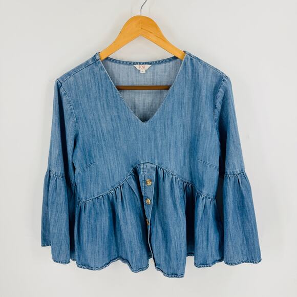 Boutique Fosh Chambray Peplum Blouse Long Bell Sleeve V-Neck Denim Top Size L - Picture 1 of 7